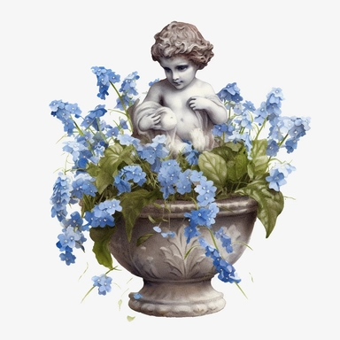 fairytale cherub garden statue surrounded by forget me nots, watercolour, clipart, white background, hyper realistic, photographic, v 5.1 8k