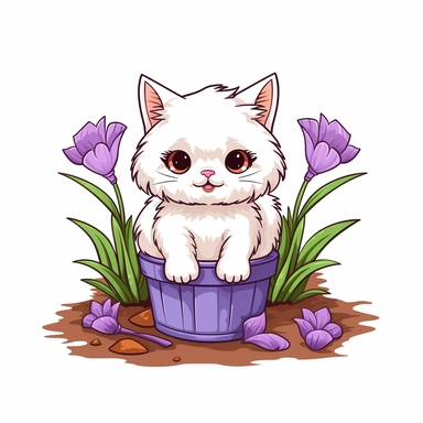 Clipart of a cute cat planting Crocus kawaii style full multicolor white background