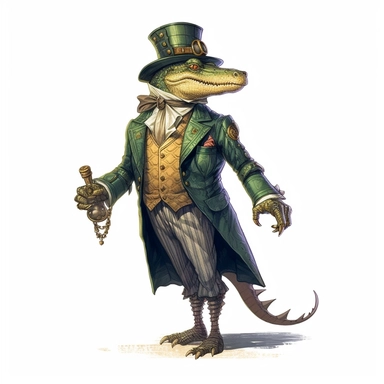 professional gouache hand-painted full body illustration of a steampunk crocodile-man, Victorian clipart, isolated against white background, accurate, natural form, simple playful style, deep colour, softly lit by golden hour sunlight