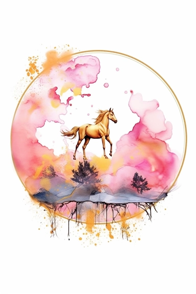 beautiful gorgeous alcohol ink of gold serene nature scene with a central focus on a pink horse , minimalist style, crystals, glam, glossy, glitter texture, liquid ink clipart, modern and stylish design, bright colors, 300 dpi, clear decoration, clear white background, highly detailed digital art, 8k