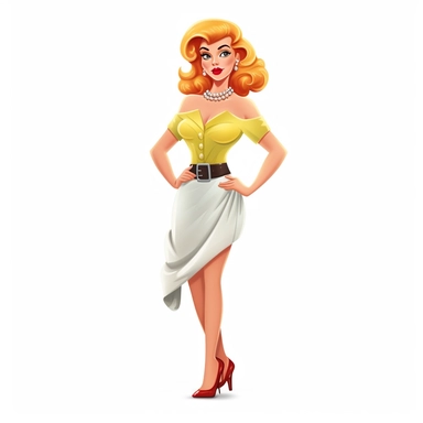 full-body-perspective, 2D thick-lined disney clipart illustration of a blonde-bombshell movie star like the character of Ginger Grant from Gilligan's Island