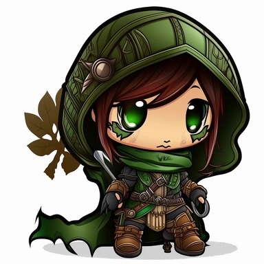 chibi female hooded hunter wearing green leather, dungrons and dragons, clipart