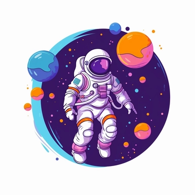 astronaut, purple blue colors, Clipart Design, white background, vector illustration, flat vector, rounded forms, vibrant colors, colorful, Figma, dribbble, Adobe Illustrator