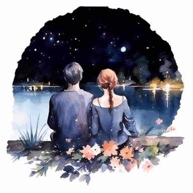 Watercolor, A couple by the river in bloom, night,clipart on black background