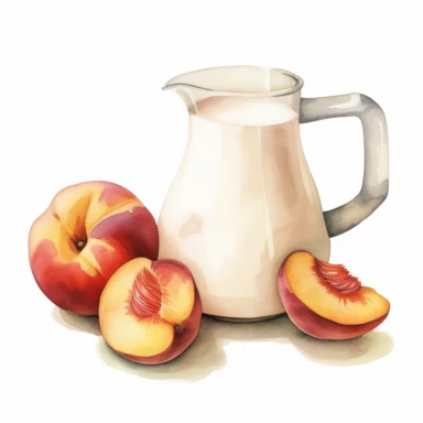 realistic high detailed watercolor peaches and a jug of milk clipart, white background,