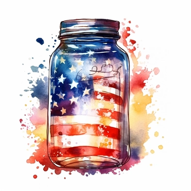 fireworks, shades of American flag, patriotic, beer jar, celebration, aquarelle, clip art illustration