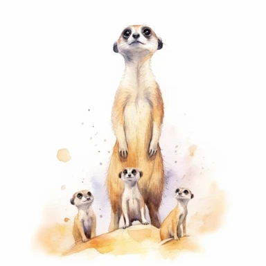 cute meerkat, standing tall on hind legs and keeping watch over its family, pastel watercolor, clipart, on a white background
