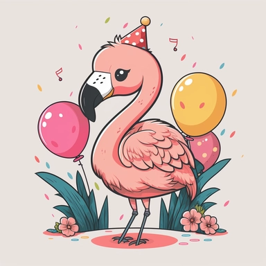Flamingo kawaii birthday, cartoon, vector, sharp focus, super detailed, illustration, 16:9, v4, q2, 16k, High quality, clipart