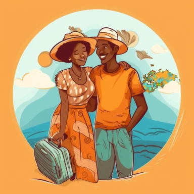 clipart, couple, african american husband and wife, on the vacation, traveling the world, happy in love
