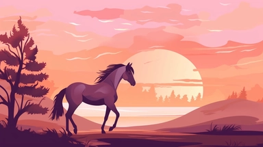 The clipart shows a horse in a delicate and romantic atmosphere. The horse is standing in a picturesque landscape illuminated by a warm, golden evening sun. The background is designed with soft hues like pastel pink, lavender or a soft sunset gradient. The horse itself has an elegant and graceful posture. It has its head slightly lowered as it gazes into the distance, as if filled with dreams and romance. The horse's eyes have a gentle and dreamy expression. The mane and tail are long and flowin