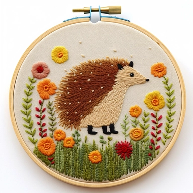Hand embroidered hedgehog clipart on a flat white background 2, standing on the grass, It is surrounded by small yellow and red flowers In the shape of a circle,