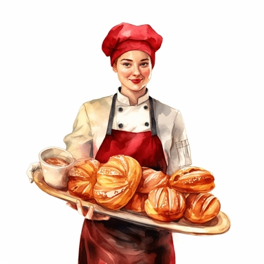 Create a watercolor clipart of a female chef in a red chef's jacket, holding a tray of freshly baked croissants and bread, white background