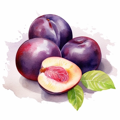 An purple plum fruit with a slice cut out, placed on a plate or tray with other fruits or desserts , Watercolor, pastels, clipart, beautiful, colourfull, png transparent white background, high resolution, no caption q4 s2