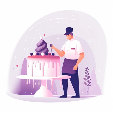 vector design, baker makes a cake, flat modern illustration, clipart, very simple picture, white background, soft gradient transition, in the style of warm color palette, natural pastel colors, in purple soft pink beige colors, object portraiture specialist, uniformly staged images, animated illustrations