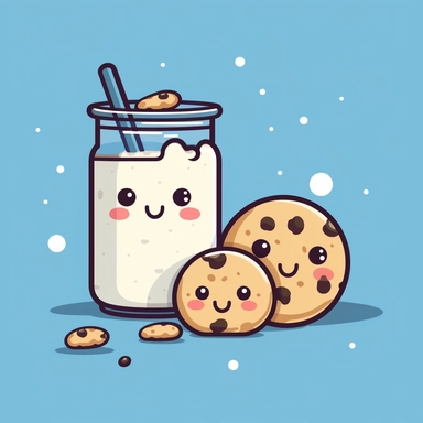 kawaii milk and cookies, clip art style, blue background