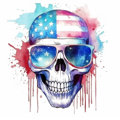 watercolour skull with sunglasses painting american flag, in the style of digital mixed media, splatter paintings, full body, tattoo, parodic, sentimental realism, ferrania p30, clipart