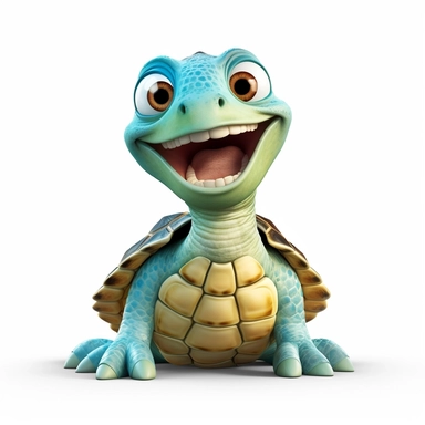 a cute adorable turtle with a big smile, full body image, pixar style, clipart, white background