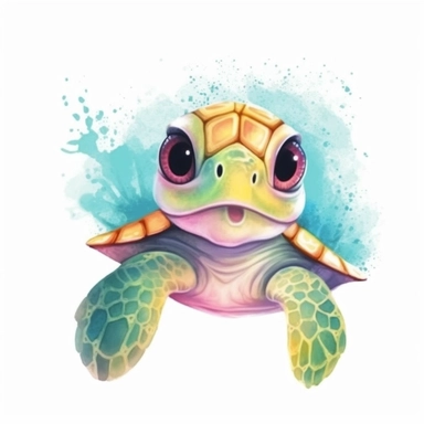 happy baby green sea turtle swimming with big round eyes, watercolor Illustration clipart, 4K, extremely detailed
