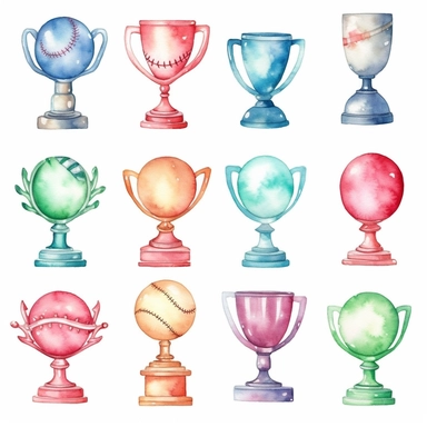 Watercolor cute little baseball trophy related items , illustrations clipart set, simple, christmas colors , cartoon elements ,different variants , championship cupseparate elements with a margin, 4k, high resolution