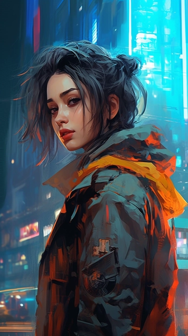 beautiful stunning pretty vintage cyberpunk anime girl, paint art style, clipart, city landscape background, superrealistic, one of a kind