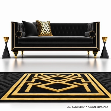 isolated, forward, black modern sofa with an art deco rug with gold edging Clipart laying on the floor, on white background