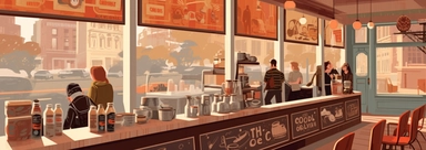 Create a 'Tourism Illustration' that embodies the quintessential American coffeehouse vibe, use point-projection perspective. resonating with the comforting aroma of a freshly brewed cappuccino. Consider taking inspiration from the historic and cozy coffeehouses in Seattle, Washington, renowned as the coffee capital of the U.S. The image should present a warm and inviting coffeehouse scene, seen from the outside looking in through a large window. Inside, we see a barista at work, the details of 