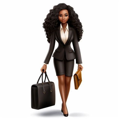 clipart full body professional African American social worker with long body wave hair extensions, wearing a bright business suit and black high heel shoes, carrying a briefcase