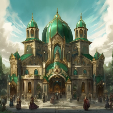 The digital painting depicts an elven council hall in a clipart style. The building is tall and grand with three main tall cylinders, each varying in height. The architecture style blends Victorian and Renaissance elements, creating a truly unique and elegant structure. The building is predominantly ivory in color with emerald green accents and gold details. The hall is located in a bustling elven city, and the sunny day lighting accentuates its sophisticated beauty. The scene exudes a feeling o