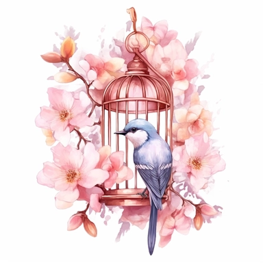 clipart, isolated on white background, beautiful cute Watercolor Spring bird Feeder, flowers and branches and leaves, ornated, pastel colors