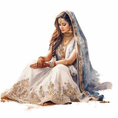 Watercolor clipart, indian bride sitting with henna on feet, highly detailed, multilayered realism, UHD, 8K, 3D, solid white background