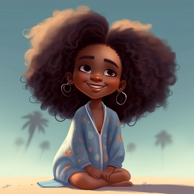 pixar illustration of Sag Harbor town , An illustration of five year old light skin happy black girl with curly afro, laying on the beach towel on the Beach, east hampton , summer vaction, beach town , summer days , muted tones , shy warm heart , pixar , hyper detailed , smooth skin realistic animated — Happy Black Girl Smiling art,black girlsclipart, Funny black girl , Cheerful african american girl child png, clipart, afro ,Full body with legs , Cottage core , preppy , Highly detailed close-up