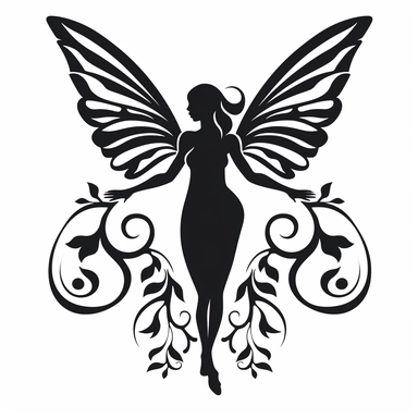 the image of a small black Pixie flying on white is shown, in the style of stencil art, heavy outlines, flickr, hard edge, sculpted, woodcut, clipart cut file cuttable cricut vector