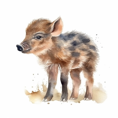 side view, cute baby wild boar Clipart realistic Watercolor, full body, white background