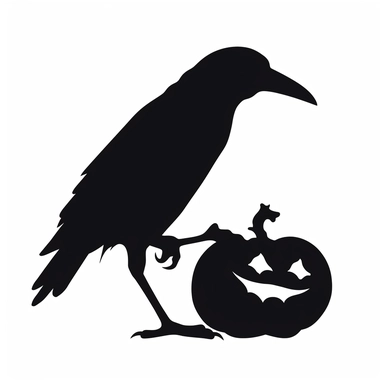 black and white silhouette of a halloween bird eating carrion, clipart style, white background, thick lines, vector, simple design, flat colour, solid colour