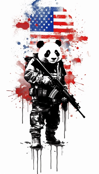 of American flag background, Panda dressed as a graffiti artist holding a gun black and white, silhouette minimalist clip art by Mr. Brainwash