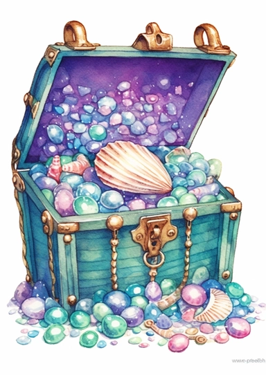 cute watercolor underwater treasure chest full of pearls clipart, full body, hd, on white background, spaced out