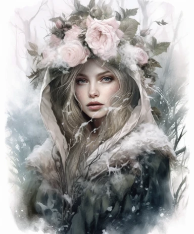 isolated on white illustration watercolor art of a portrait of beautiful feminine witch, overgrown with white and light pink roses and flowers, covered with snow and ice, a lot of moss and branches, lace and embroidery, trees, fur cape, masterpiece by Tom Bagshaw style and by Hans Zatzka style and by James C. Christensen style and by Alexander Jansson style, Baroque fashion, PNG clipart, isolated on white, white background, extreme photorealistic details, 32k HD resolution, realistic high detail