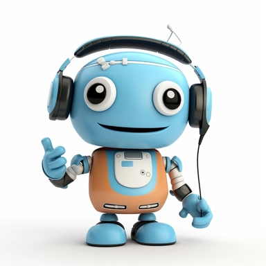 please create pixar style character clipart of happy robot wearing a headset in argentina colors