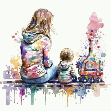 Amazing Mom and Baby playing train Toy, back view in watercolor style clipart, use darker tones, higher saturation colors, watercolor clip art with splashes and drips, super creative watercolor, white background