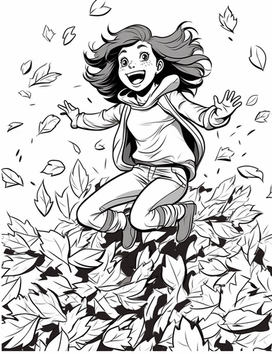 clipart cartoon a girl jumping in a pile of leaves in the style of Pierre-Auguste Renior black and white child's coloring book, black and white smooth thick lines, solid white background, no background