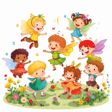 a delightful clipart featuring children and fairies playing and having fun against a clean white background. Capture the magic and joy of childhood with vibrant colors and lively expressions. Show children and fairies engaged in playful activities like dancing, flying, and creating magic. Design a versatile clipart suitable for crafts, invitations, and decorations. Celebrate the enchantment of childhood and the magical connection between children and fairies. Let your artwork inspire imagination