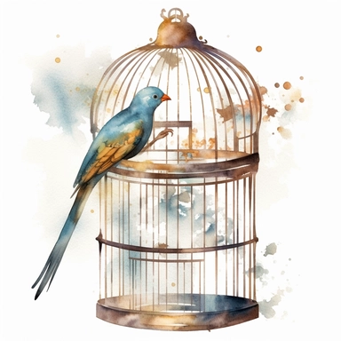 Watercolour clipart of a antique bird cage, separate elements, vintage effect, high quality, soft and muted colours, white background, 8k, f1