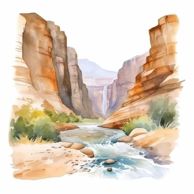 A watercolor painting of a canyon with a river flowing through it, Watercolor clipart, isolated on white background