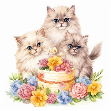 Vibrant Realistic cute natural color Persian kittents various poses and modes with flowers Clipart for a birthday card without text 300 dpi PNG format instant download for commercial use