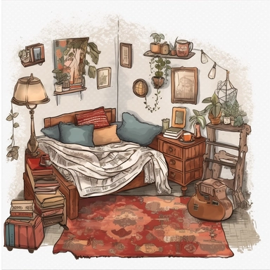 cozy liveroom boho, object, inside border, clipart
