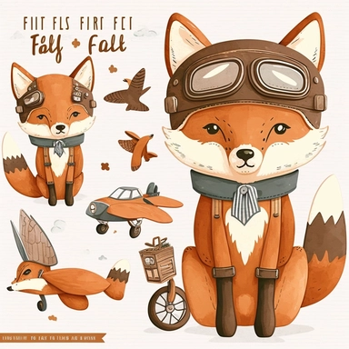 Wood Animals, Pilot Clipart, Aviator Clipart, cute sweet Fox Illustrations