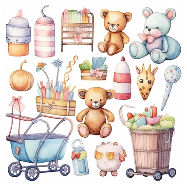 baby stuff, water color, clipart sets, with white background