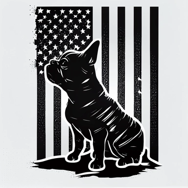 An iconic symbol of patriotism, this artwork depicts the American flag with a French Bulldog silhouette in a square graphic style. The mood is patriotic and grungy, with a sense of pride and appreciation for the United States. T-shirt design graphic, black silhouette, coloring page for adults, flat vector logo, line art, clipart, white background