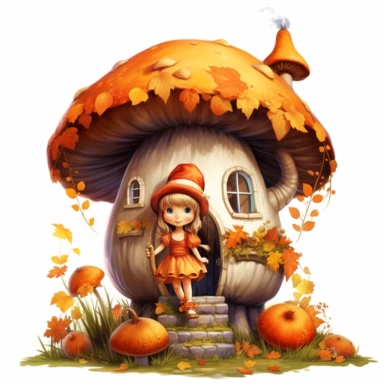 cute mushroom house with a cute fairy sitting on the roof clipart with white background, autumn colors, clearly defined separate image, high quality--ar3:4-no mockups, watermarks, numbers, writing, letters--q2--v5.1--s1000