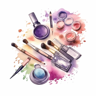 Beauty cosmetic watercolor clipart with soft colors on a white background, featuring a range of makeup items such as lipstick, eyeshadow palette, mascara, and makeup brushes, executed in a delicate watercolor style with pastel hues,